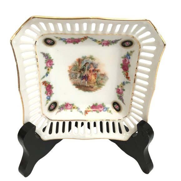 VTG (2) German Porcelain Reticulated Lattice Trinket Dish Romantic Scene Floral - Picture 8 of 12